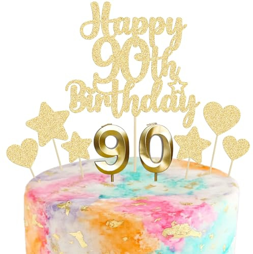 Gyufise 15Pcs Happy 90th Birthday Cake Topper Set with Heart Star Glitter Cheers to 90 Years Cake Picks Number 90 Candles Cake Decorations for Happy 90th Birthday Anniversary Party Supplies Gold