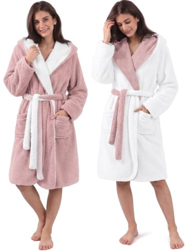 CalmyLIFE Bademantel Damen flauschig Morgenmantel OEKO-TEX Zertifiziert | mit Wendefunktion, Kapuze, Bindegürtel, Warm, Hausmantel, Kuschelig, Winter, Sherpa, Sauna, Bademäntel, Bathrobe Women