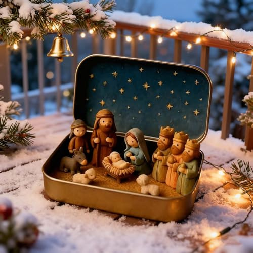 Mini Christmas Nativity Set in Tin Box, Portable Pocket Nativity Scene with Resin Figurines Holy Family Jesus Ornament for Home Desk Church Decoration Religious Christmas Decor (1 set)