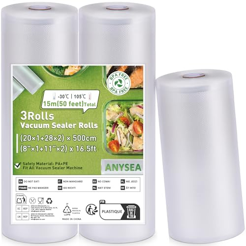 Anysea Bolsas Vacio Alimentos:Rollos Envasadora al Vacio Apto para Selladores al Vacío, 3 Rollos 20x500 cm (1) y 20x500 cm (2) Bolsas Envasar al Vacio Alimentos