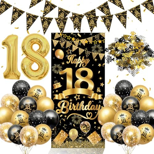 Deko 18. geburtstag Jungen Mädchen, 18 Geburtstag Luftballons Schwarz Gold | 18. Geburtstag junge Deko mit Zahl 18,Dreieck Flagge Banner,18.Geburtstags Lange Banner,Konfetti Deko 18. geburtstag Supplies
