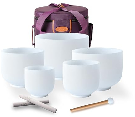 TOPFUND 7-12 inch Chakra Set of 5 Sharp Crystal Singing Bowls with Heavy Duty Carrying Case and Singing Bowl Mallets