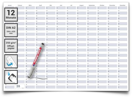 Dauerkalender Projektplaner Geburtstagskalender A2 59,4 x 42,0 cm mit Marker – dauerhafter, wiederverwendbarer Jahresplaner groß & abwischbar – in deutscher Sprache – von Gigatime