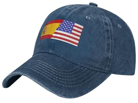 WHJDPP Gorra de béisbol negra con correa ajustable impresa de la bandera de España americana, algodón clásico para hombres y mujeres, transpirable y elegante