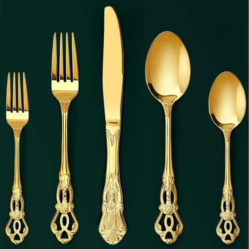 Besteck Set, Goldenes Besteck 60-teilig, Besteck Set 12 Personen aus Edelstahl, Vintage Palast-Stil Besteck Gold Spülmaschinenfest & Hochglanzpoliert Besteckset für alle Anlässe, Geprägte Griff
