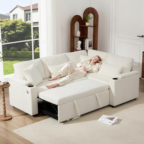 BTM L‑Shaped Corner Sofa Bed with Pull-out, Charging, Cup Holders & 4 Cushions Sofa Bed with Storage for Living Room Beige