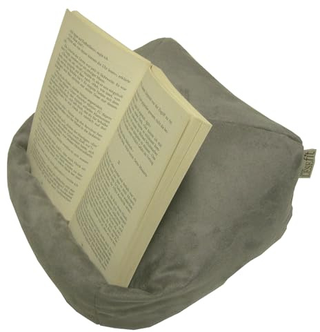 LESEfit soft Buchkissen Lesekissen – frei formbarer Buchhalter für Bett - Handgefertigt aus Antirutsch Wildlederimitat & Mikroperlen – weich waschbar drehbar – grau matt