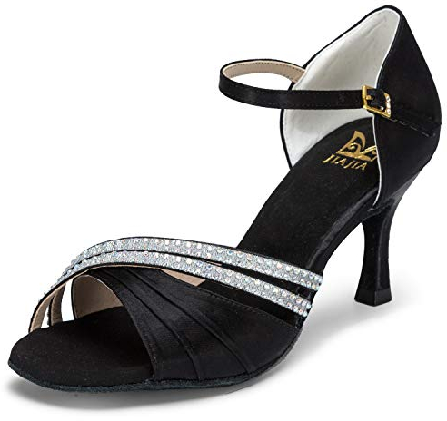 JIA JIA 20524 Damen Sandalen Ausgestelltes Heel Super-Satin mit Strass Latein Tanzschuhe Schwarz, 39
