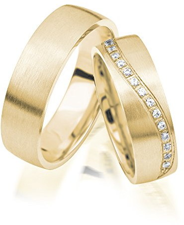 JC Trauringe 925er Sterling Silber Paarpreis I Eheringe mit kostenloser Gravur I Verlobungsringe Gold Plattiert 6 mm breit im Etui I Herren-Ring ohne & Damen-Ring mit 15 Steinen I Gr. 48 bis 72 I J302