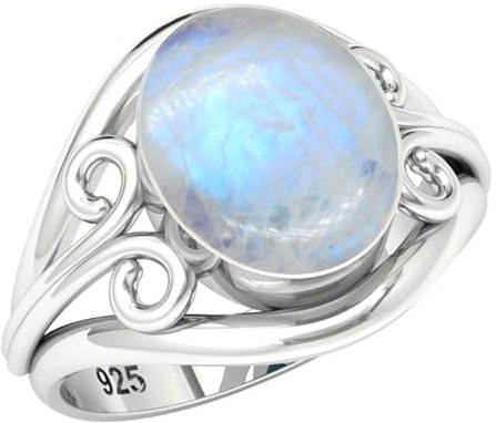 Jeweloporium Silberring mit weißem Mondstein, Größe 56 (17,8), 925er Sterlingsilberring für Damen, echter ovaler Edelstein-Boho-Schmuck