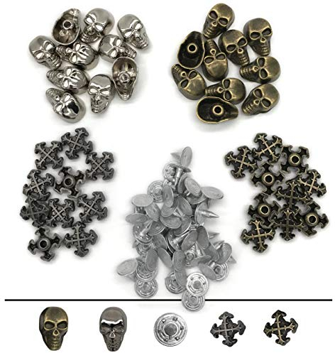 80 Stück Jeansknöpfe, Totenkopf- und Kreuznieten, Metallknöpfe, Spike, schnelle Nieten für Stoff, Leder, Handwerk, Dekoration