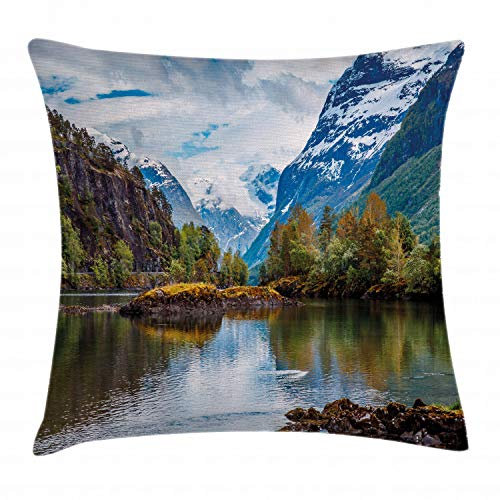 ABAKUHAUS Natur Kissenbezug, Snowy Mountains Norwegen, Wasser und Schmutz resistent Stoff Digital Druck Für den Innen oder Außen Bereich, 40 x 40 cm, Grün und Blau