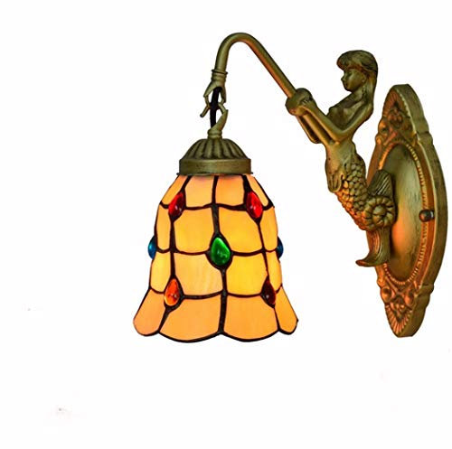 Yjmgrowing Tiffany-Art-Buntglas-Wand-Leuchter-Beleuchtung,6-Zoll Single Head Korridor Wandleuchte mit Mermaid Base Retro Gelb Schlafzimmer Spiegel Lampen Wandlampen, E27