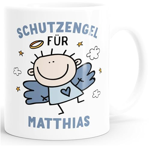 SpecialMe personalisierte Kaffeetasse Schutzengel mit Name Namenstasse personalisierte Geschenke Glücksbringer Weiss-blau Keramik-Tasse