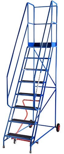 8 Tread Mobile Warehouse Steps | ANTI-SLIP STEP EN131-7 | 3m Portable Safety Ladder Stairs & Wheels – 2m Platform Height – Handrail & Guardrail Safe Picking – STRONG STEEL FRAME Easy Movement