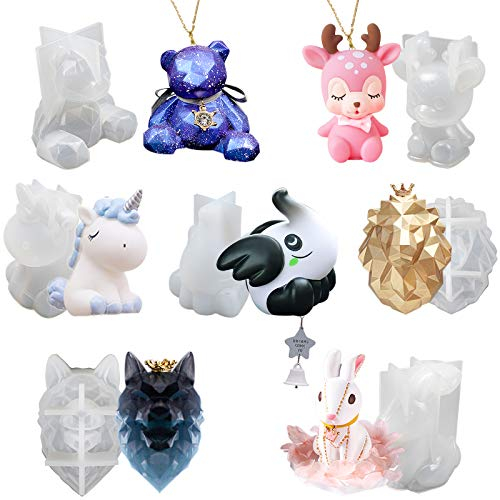 Lot de 7 moules en silicone 3D en forme d'animal - En résine époxy - Pour porte-clés, pendentifs, artisanat - Motif : ours à facettes, loup, dumbbo, chevreuil, 7 pièces - Hauteur finale : 6.36-7.7 cm