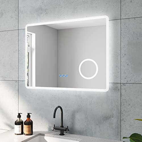 Miroir de Salle de Bain avec éclairage avec Miroir cosmétique 80x60cm BORAS Type D | Capteur Tactile dimmable Anti-buée Blanc Froid 6400K Blanc Chaud 3000K