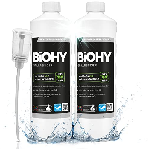 BiOHY Grillreiniger (2 x 1 liter) + Dosierer | Reiniger für Holzkohle-, Gas- und Elektrogrill | Hocheffektiv gegen angebranntes Fett und Öl | Pflegt und schont das Material | Veganes Bio Konzentrat