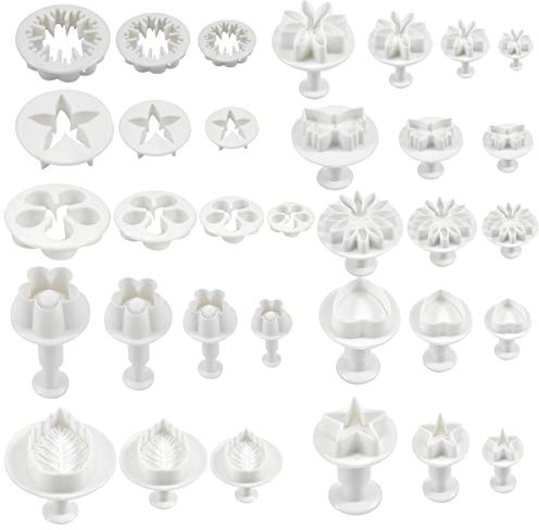 Jinlaili 33 Piezas Cortadores Fondant, Cortadores de Pastel para Decorar, Corazón Flor Hoja Mariposa Estrella Margarita Forma Conjunto de Herramientas de Molde de Decoración de Bricolaje