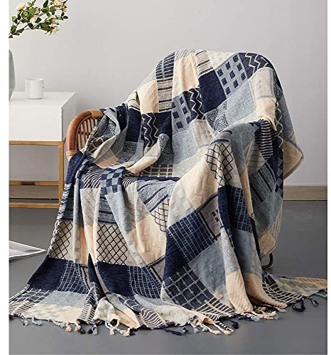 ele ELEOPTION Chenille-Überwurfdecke, Jacquard-Quasten, Überwurfdecke, Sofa, Stuhlbezug, dekorativ für Bett, Couch, weicher Stuhl, Volksstammesmuster (blaues Gitter, 150 x 190 cm)