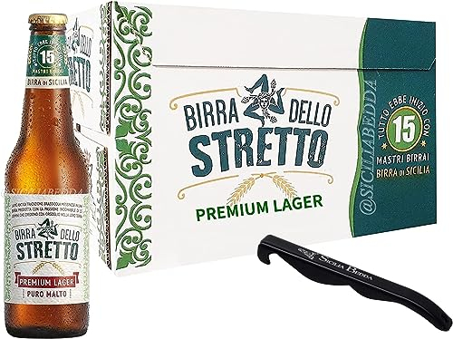 Sicilia Bedda- Birra dello Stretto Premium Lager Puro Malto - 12 Bottiglie da 33 Cl. - Con Apribottiglia Sicilia Bedda