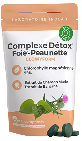 INOLAB Complexe Detox Peau Nette | Chlorophylle Chardon Marie bio Bardane bio Fibres Prébiotiques Bio | Détox Foie, Digestion, Peau Lumineuse, Acné | Sans Additifs