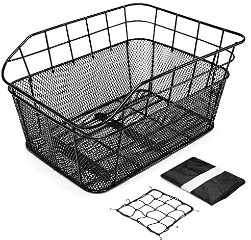 ANZOME Rear Bike Basket for E-Bikes & Bicycles - 20L Large Metal Wire Cargo Crate for Groceries, Backpack & Pets - Universal Dual-Mount (Screw Kits + Heavy-Duty Ties) with Bungee Net & Rain Liner