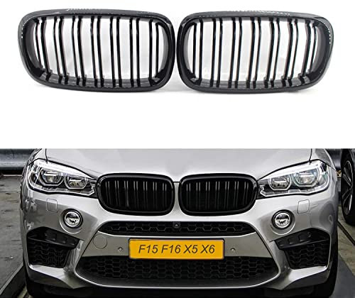 GSRECY F15 X5 Kühlergrill, glänzend schwarz Doppellamellen Nieren Kühlergrill Kompatibel mit BMW 2014-2018 X5 F15, 2015-2019 X6 F16, X5M F85 X6M F86