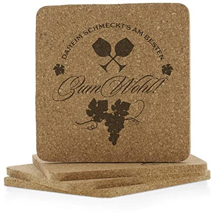 stempel-fabrik – gravierte Untersetzer aus Kork – Design Zum Wohl – Weinuntersetzer im 4er-Set – Glasuntersetzer – Untersetzer für Getränke und Gläser – Geschenkidee für Weinliebhaber
