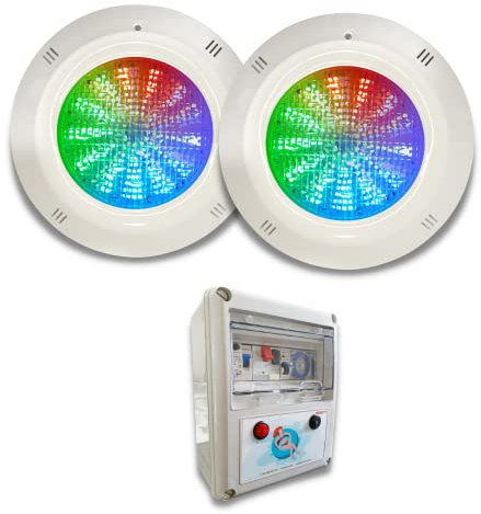 SWIMHOME Pack Iluminación Piscina | 2 Focos LED de Superficie + Control Remoto RGBV+ 4 Hilos + Cuadro Eléctrico | ABS Blanco Resistente | Ø29 cm 18W 12V/DC RGBV+ (Cable 4 Hilos)