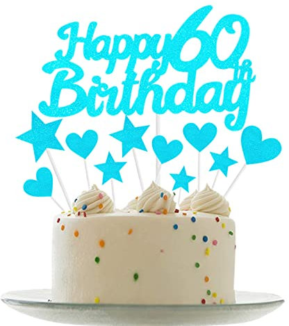 Personalised Happy 60th Birthday Cake Toppers Light Blue Cake Decorations for Men,Women,Him,Her 60th Birthday Cake Cupcake Topper, Glitter Cakes Decoration for 60 Birthday Anniversary Party Supplies