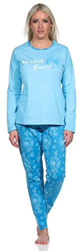 Normann Verspielter Damen Pyjama lang, Schlafanzug mit floralem Muster, Farbe:hellblau, Größe:44-46