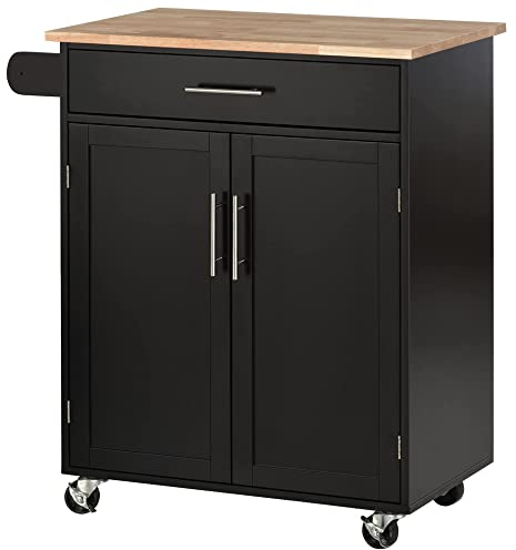 HOMCOM Desserte de Cuisine sur roulettes Chariot de Service Ilot de Cuisine avec tiroir de Placard et Porte-torchons - 83l x 45P x 91,5H cm Noir
