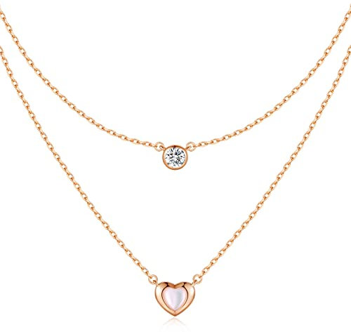 LOUISA SECRET MUTTERTAGSGESCHENK Kette Damen 925 Silber Rosegold Geschichtet Anhänger mit Cubic Zirkonia Mutter-of-Pearl Herz Halsketten Damen Schmuck Geburtstags Geschenk für Sie Valentinstag