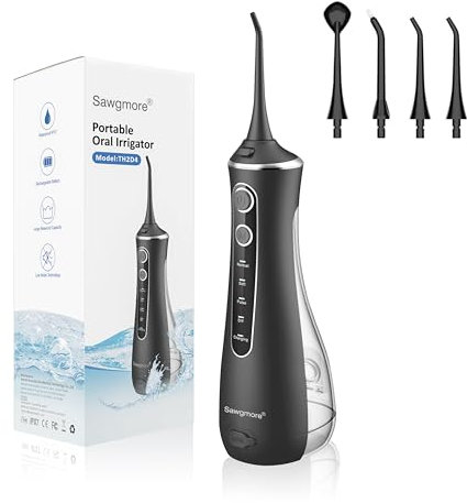 Sawgmore Munddusche Kabellos, Professionelle Elektrischer Zahnreiniger mit 4 Modi und 4 Ersatzdüsen, USB wiederaufladbar, IPX7 wasserdicht, Zahnreinigung, ideal für Zuhause und auf Reisen