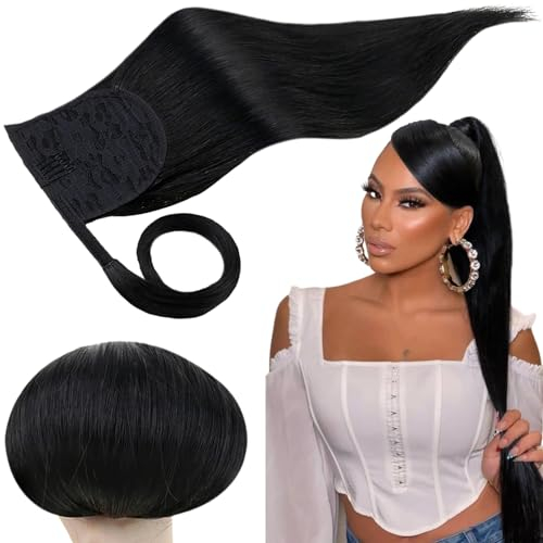RUNATURE Echthaar Zopf Schwarz 35cm Gerade Pferdeschwanz Haarteil Menschliches Haar Ponytail Extensions Haarverlängerung 70g #1