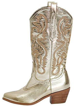 Only maker Cowboy Cowgirl Boots for Women Wide Mid Calf Embroidered Low Stacked Block Chunky Heeled Booties with Tab Country Flowers Distressed Pull-On Western Knee High Boots Gold Size 7
