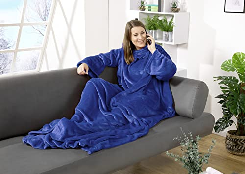 heimtexland ® Ärmeldecke TV Thermodecke mit Ärmeln und Taschen Sofadecke Ganzkörperdecke Kuscheldecke Flanell Weich und Wärmend Decke Typ848 Blau LxB 180 x 150 cm