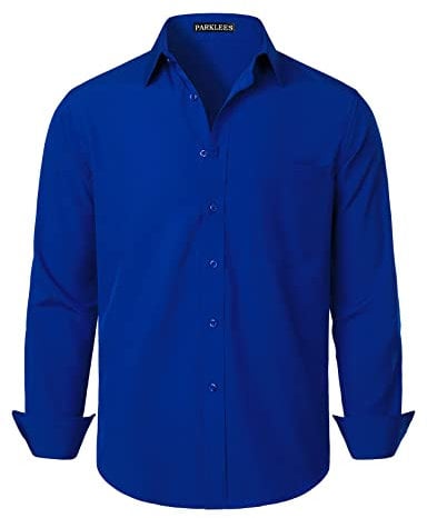 PARKLEES Men's Regular Fit Dress Shirt Solid Wrinkle-Free Long Sleeve Casual Business Button Up Shirts with Pocket PZSSCL05-Royal Blue S