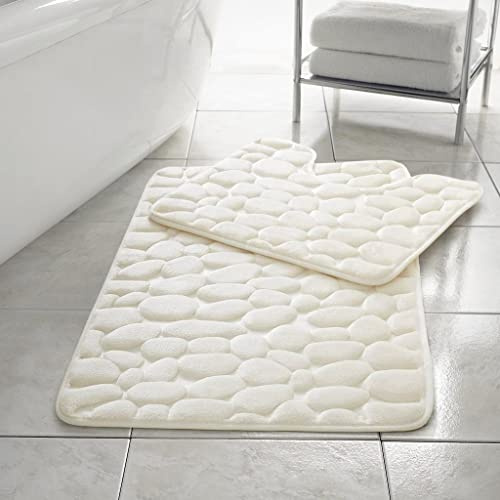 Pebbles Non- Slip Memory Foam Bath Mat/ Toilet Mat Set Cream