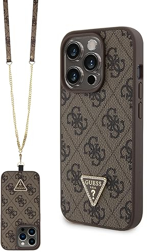 CG MOBILE Guess - Handyhülle kompatibel mit iPhone 15 Pro PU Leder Metall Logo Strass Crossbody Strap - Braun