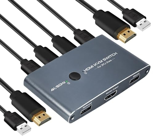 TCNEWCL Switch KVM HDMI 2 puertos 4K 60 Hz, HDMI KVM Switch Aluminio Conmutador HDMI USB, para 2 Ordenadores Conectar 1 Monitor HD y Teclado, Ratón, Impresora, Disco U