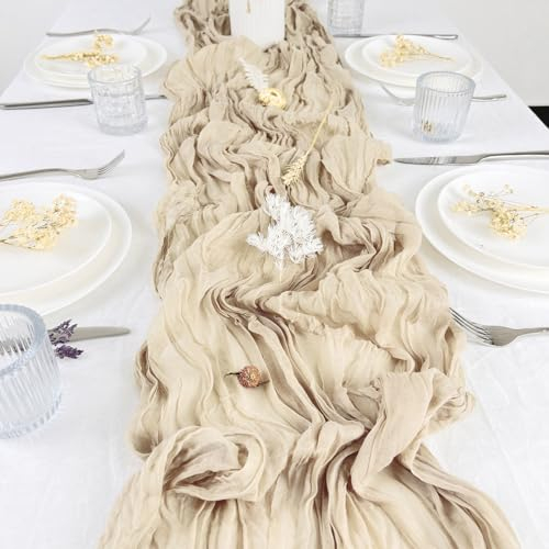TESSTSY Käsetuch Chiffon Tischläufer Beige, Boho Lang Rustikaler Gaze-Tischläufer Tischdecke, Musselin Beige Chiffon Seihtuch-Tischläufer Stoff für Hochzeitsfeier Brautparty Tischdekoration (70x300cm)