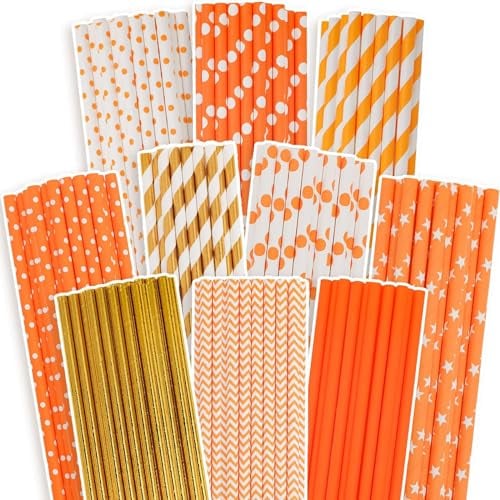 Gcardist Lot de 150 pailles jetables, oranges, dorées, oranges, jetables, en vrac (10 motifs)