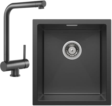 CECIPA Fregadero Cocina Negro 40x44cm + Grifo Cocina Abatible Negro, Fregadero Cocina 1 Seno en Acero Inoxidable, Fregadero bajo Encimera o Sobre Encimera, con sifón, Juego de Desagüe