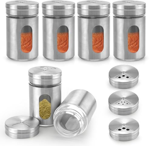 HENGBIRD Lot de 6 pots à épices avec insert dispersé, pots à épices en acier inoxydable, mini verre shaker à épices, récipients à épices, organisateur de pots à épices, pots à épices pour ustensiles