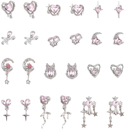VBSJAH 24 pezzi Strass per Unghie Strass Nail Art Rosa Nail Charms 3D Crystal Love Silver Star e Moon Nappa Catena metallica Accessori per nail art fai unghie 3D, in metallo, con cristalli