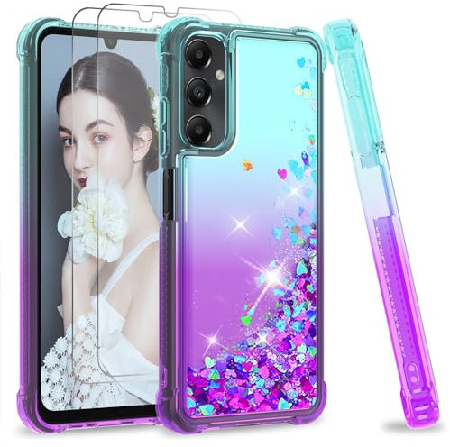 LeYi Coque Verre Trempé Lot de 2 A05S Fille Paillette Silicone Gel TPU Antichoc Kawaii Housse Turquoise Violet
