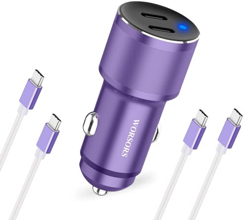 Worsors Dual USB C Car Charger, 60W PD (30W + 30W) Super Quick Charging Adapter Metal for iPhone 15 Pro Max, Samsung Galaxy S24 Ultra/S24 Plus/S24/S23/S22, Note 20/10, iPad Pro+2X Type C to C Cable