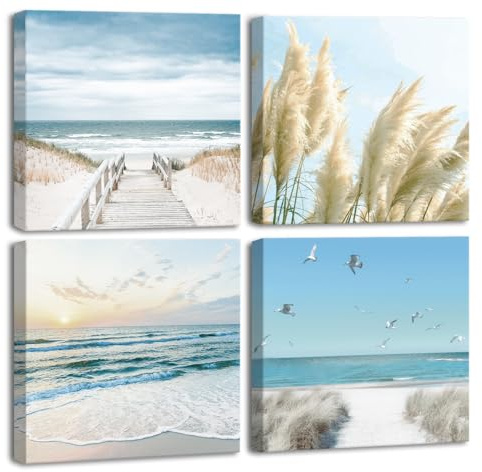 CHDITB Strand Meer Bilder Badezimmer Wanddeko Boho Bild mit Rahmen 40x40cm